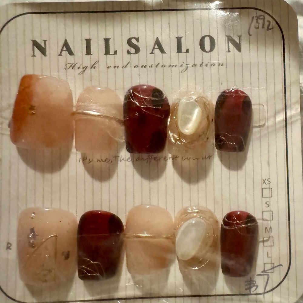 Press-On Nail Set — Burgundy & Nude with Pearl Accent